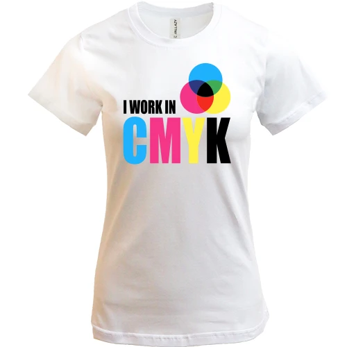 Женская футболка, Белый, с надписью "i work in CMYK"