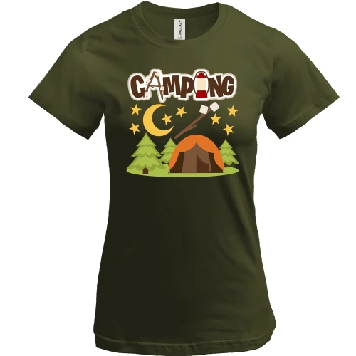 Женская футболка, Черный, с палаткой на природе "camping"