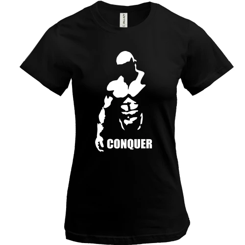 Жіноча футболка, Чорний, із силуетом атлета і написом «Conquer»