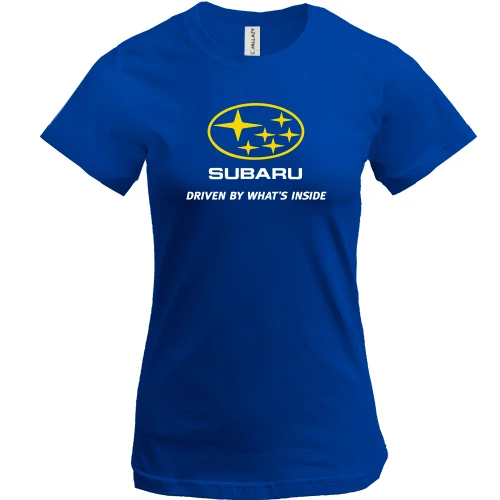 Женская футболка, синий, с логотипом Subaru и надписью