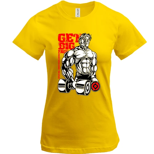 Жіноча футболка, Жовтий, для качалки "Get big fast"