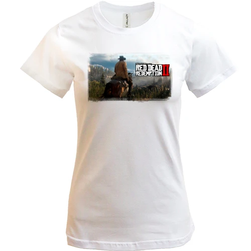 Женская футболка, Белый, Red Dead Redemption 2 с пейзажем и логотипом