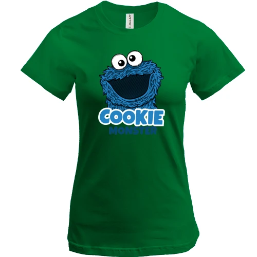Женская футболка, Зеленый, Cookie Monster с большой головой и надписью