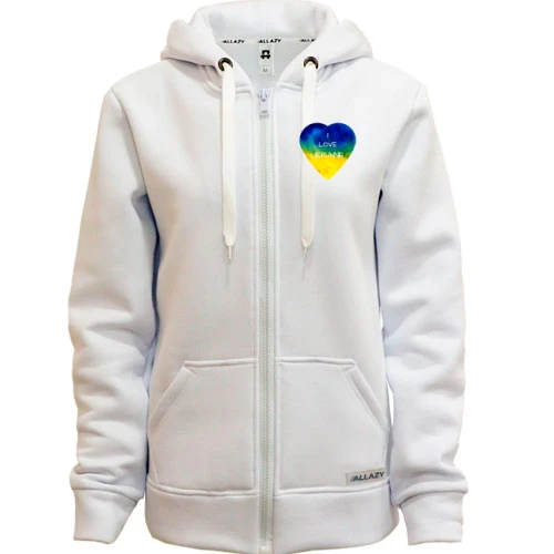 Жіноча толстовка на блискавці, Білий, "I love Ukraine" на серці (міні)