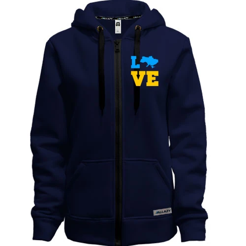 Женская толстовка на молнии, синий, LOVE с мапой Украины