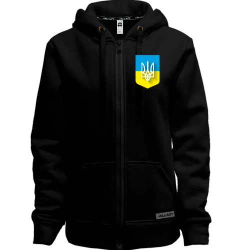Женская толстовка на молнии с Тризубом на фоне украиского флага